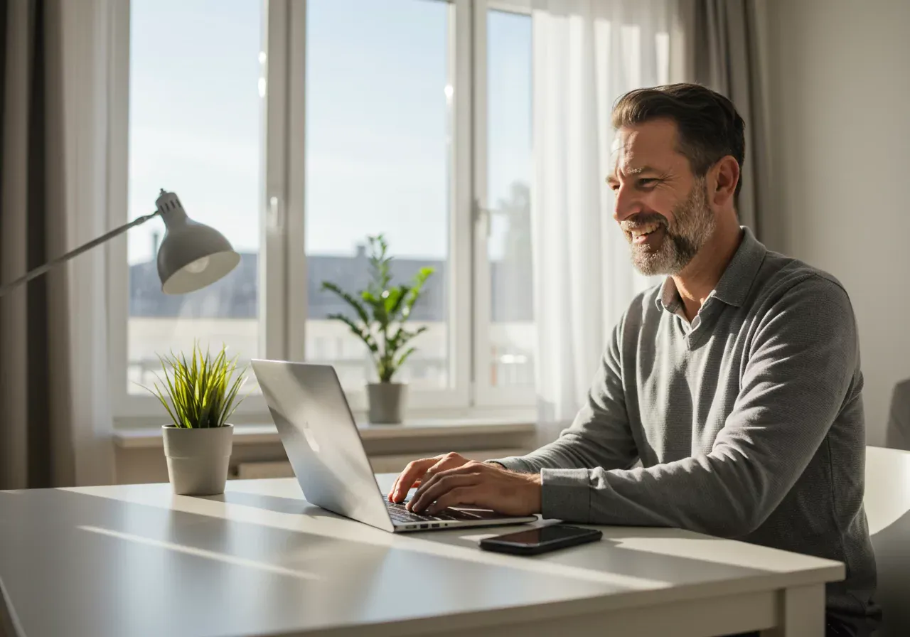 Man works from apartment on a laptop